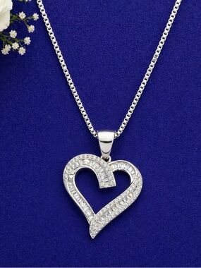 Silver Heart Pendant Necklace with Cubic Zirconia - Women Jewelry